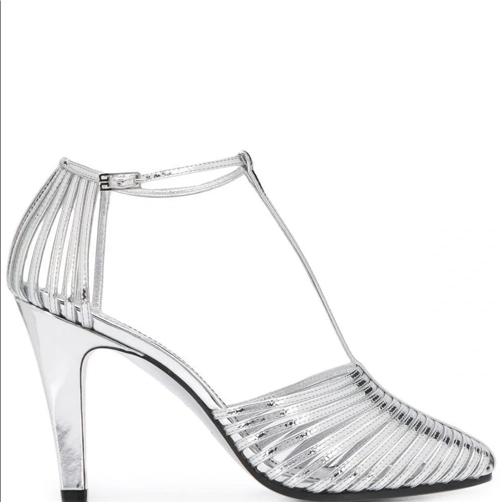 Givenchy Silver Metallic T-Strap Heeled Sandals - Picture 4 of 12